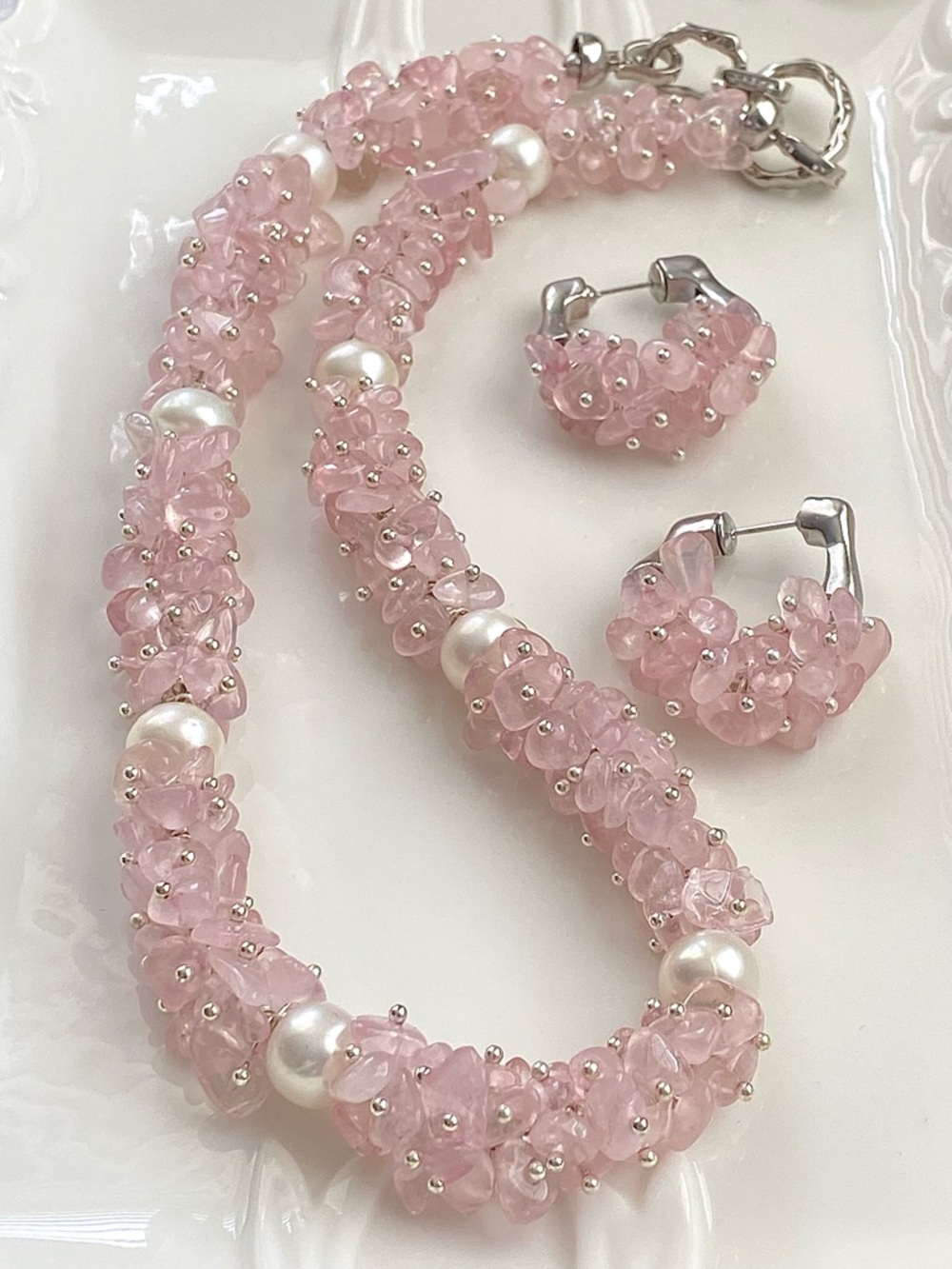 GP60-Handmade Natural Rose Quartz And Freshwater Pearl Necklace And Earring Set